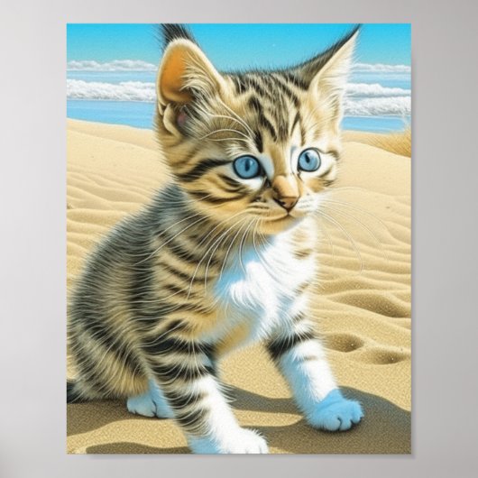Poster Chaton tabby gris IA jouant sur une plage de sable (Devant)
