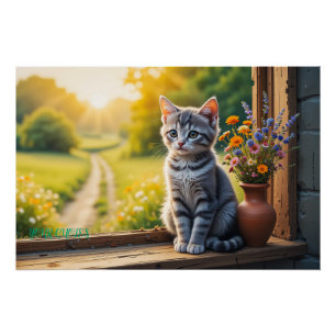 Poster Chaton Tabby Mignon près de la Fenêtre avec Fleurs