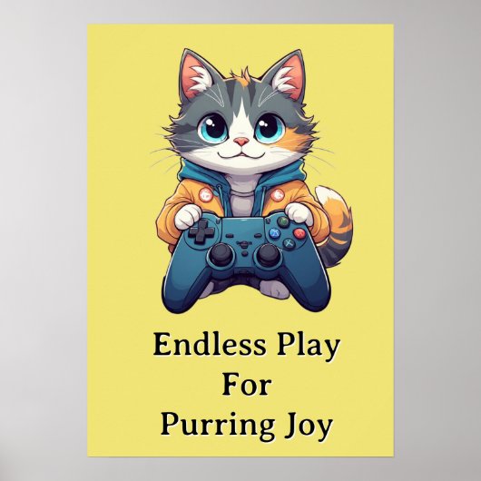Poster Chaton tenant une manette de jeu et souriant - Cha (Devant)