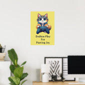 Poster Chaton tenant une manette de jeu et souriant - Cha (Bureau à domicile)