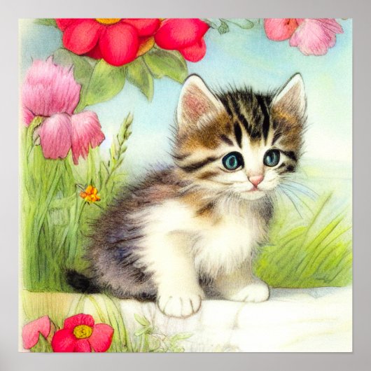 Poster Chaton vintage blanc et Brown avec fleurs (Devant)