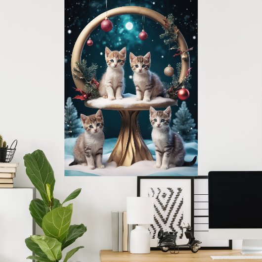 Poster Chatons de Noël Whimsical sur socle Or (Bureau à domicile)