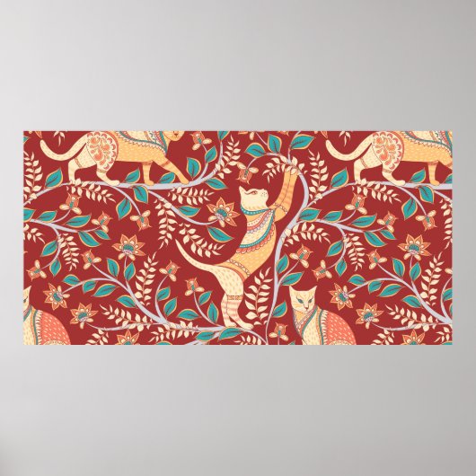 Poster Chats avec ornements, branches avec fleurs et feui (Devant)