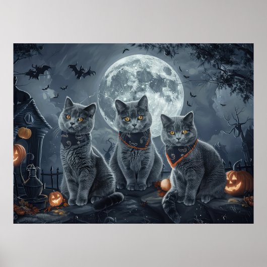 Poster Chats Bleus Russes Halloween Effrayants (Devant)