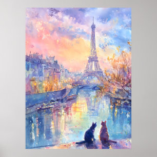 Poster Chats dans le crépuscule de Paris – Romance à l'aq
