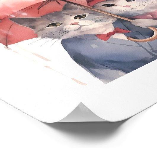 Poster Chats d'aquarelle mignonne avec parapluie rose (Coin)