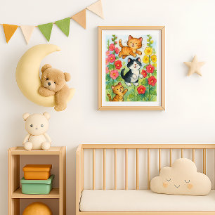 Poster Chats de campagne folâtres dans un jardin fleuri