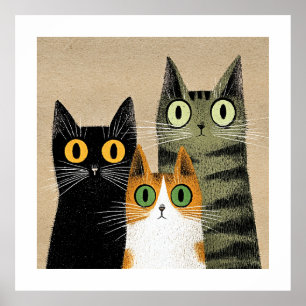 Poster Chats de dessin animé mignons, aux yeux écarquillé
