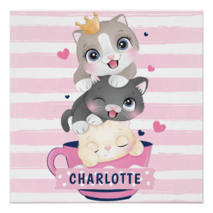 Poster Chats de dessin animé mignons empilés rayures rose