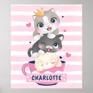 Poster Chats de dessin animé mignons empilés rayures rose
