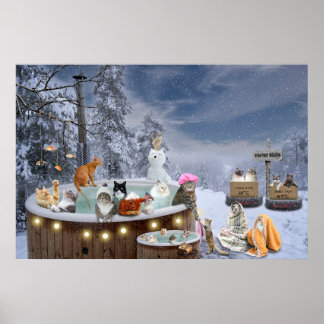 Poster Chats d'hiver amusants dans Hot Tub Art Amoureux d