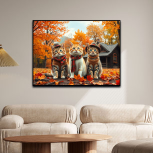 Poster Chats drôles en tenue preppy d'automne et chapeaux