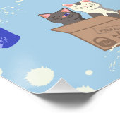 Poster Chats en boîte et gouttes de lait sur bleu (Coin)