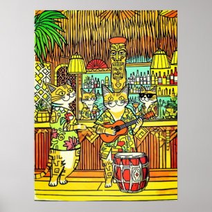 Poster Chats en vacances sur une île dans un bar Tiki
