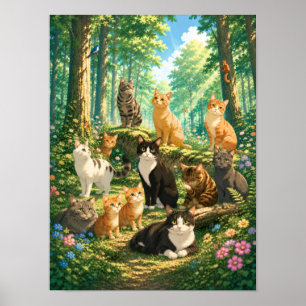Poster Chats Fantaisistes dans une Forêt Enchantée