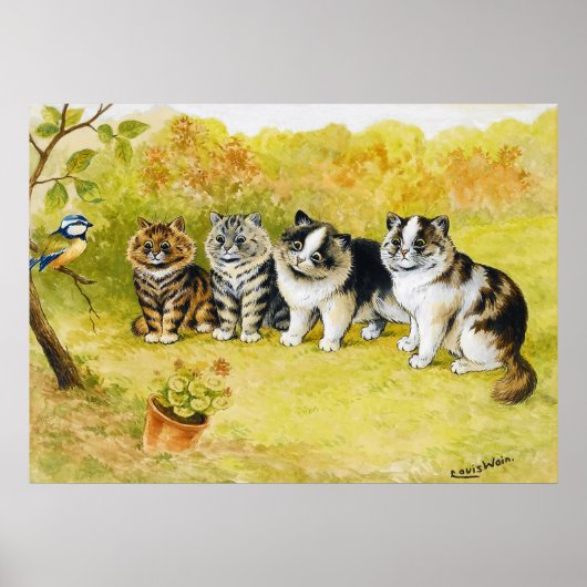 Poster Chats fixant un petit oiseau, Louis Wain (Devant)