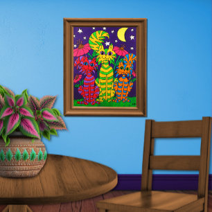Poster Chats Lune Colorée Art folklorique