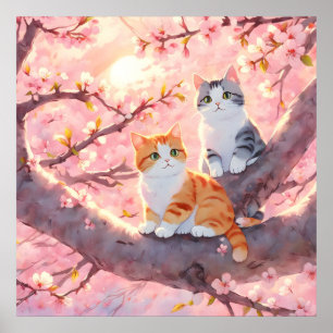 Poster Chats Mignons Sur Un Arbre En Fleur De Cerise