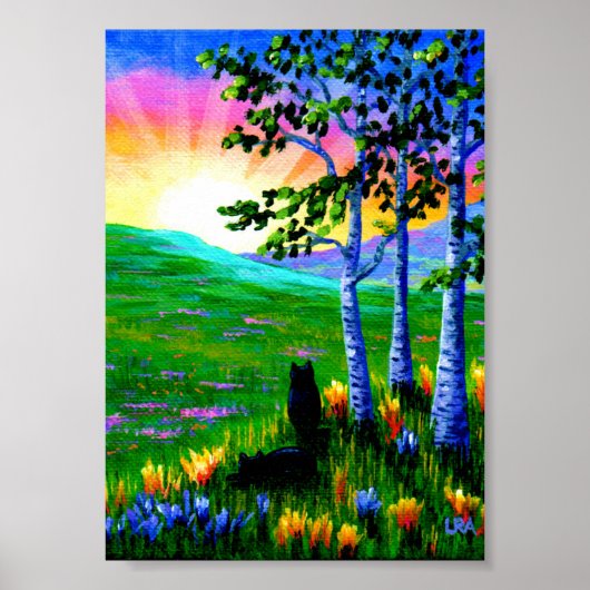 Poster Chats noirs Birch Trees coucher de soleil Création (Devant)