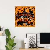 Poster Chats noirs Citrouilles et chauves-souris heureux (Bureau à domicile)
