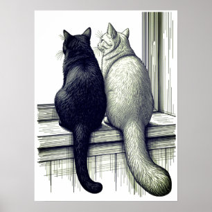Poster Chats noirs et blancs à la fenêtre