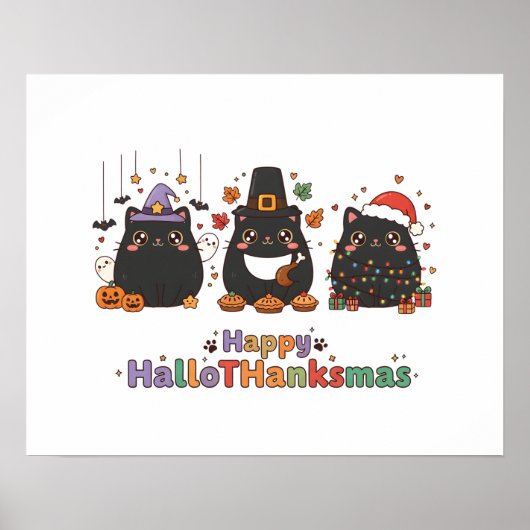 Poster Chats noirs Kawaii Joyeux HalloMerciMas (Devant)