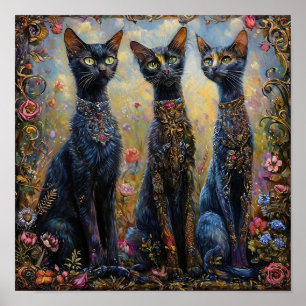 Poster Chats noirs longs parmi les fleurs esthétique