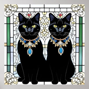 Poster Chats noirs royaux Art de vitrail bijoux muraux