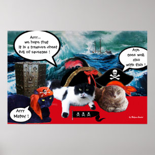 POSTER CHATS PIRATES PARLANT ET NAVIRE DANS LA TEMPÊTE EN