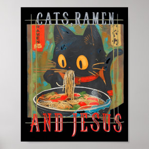 Poster Chats Ramen et Jésus Dessin de chat chrétien drôle