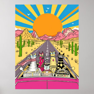 Poster Chats Rétro en Vacances Font un Road Trip