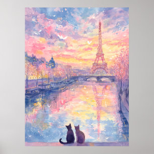Poster Chats Romantiques sous le Coucher de Soleil à Pari