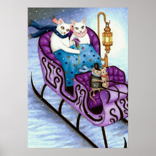 Poster Chats sur Sleigh 444 Hiver