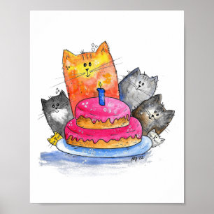 Poster Chats Whimsical avec gâteau d'anniversaire