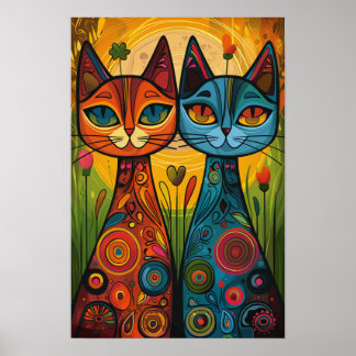 Poster Chats Whimsical en Harmonie : Art populaire coloré