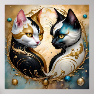 Poster Chats Yin-Yang aux éléments cosmiques magiques