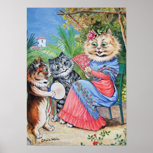 Poster Chatte avec éventail et chatons, Louis Wain (Devant)