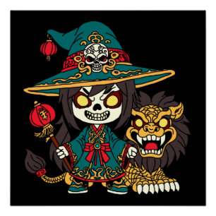 Poster Chaud chinois Nouvel An sorcière et Lion