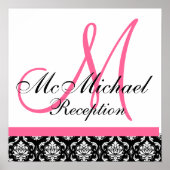 Poster Chaud rose Damask Monogramme Réception de mariage (Devant)