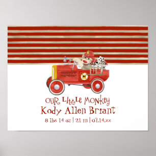 Poster Chaussette Singe Rétro avec Camion de Pompiers Cad