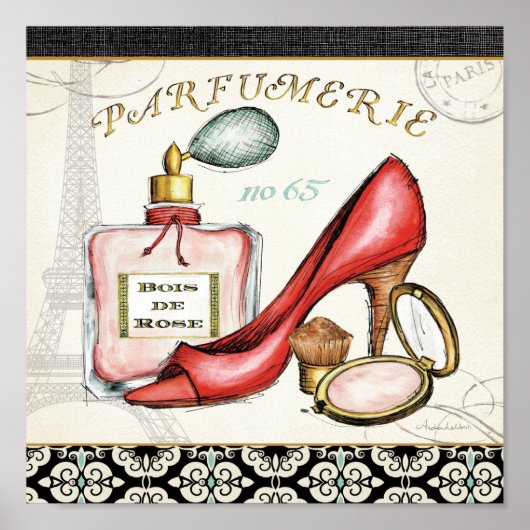 Poster Chaussure rouge, Bouteille de parfum et Poudre rou (Devant)