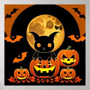 Poster Chauve-souris de dessin animé et citrouilles sous 