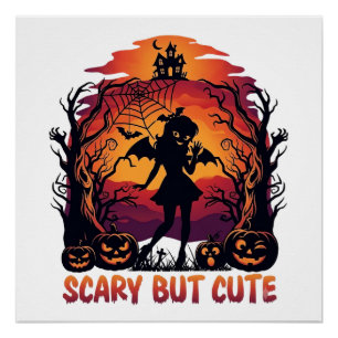 Poster Chauve-souris fille citrouilles Halloween mignonne