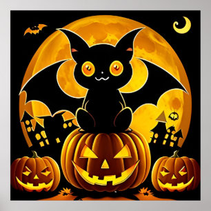 Poster Chauves-souris de dessin animé d'Halloween volant 