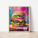 Poster Cheeseburger coloré Art Abstrait moderne<br><div class="desc">Une peinture moderne amusante et ludique d'un cheeseburger géant chargé. L'oeuvre est mise en vie avec des coups de pinceau texturés et abstraits aux couleurs vives comme le rose, le bleu et le jaune. L'utilisation audacieuse de la couleur et de l'échelle exagérée donnent au cheeseburger une sensation énergique et fantaisiste....</div>