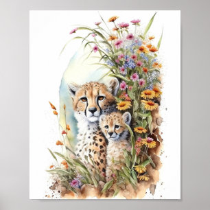 Poster Cheetah Baby et maman peinture aquarelle