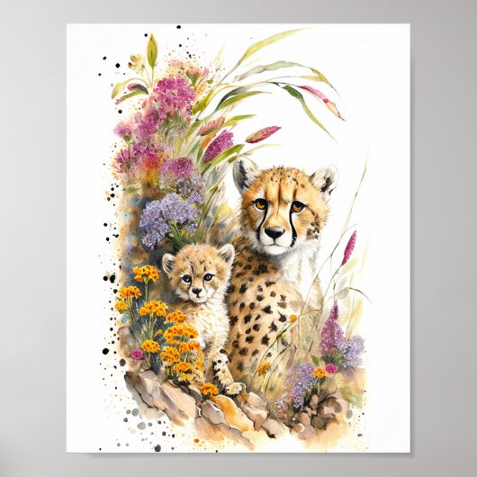 Poster Cheetah Baby et maman peinture aquarelle (Devant)