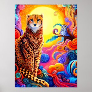 Poster Cheetah et Chouette d'Afrique avec soleil en perle