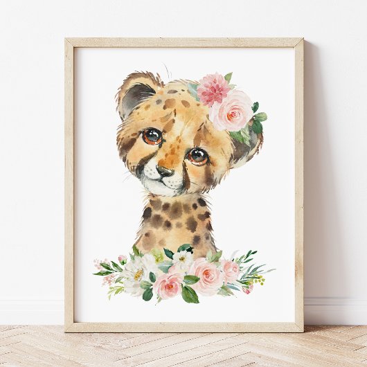 Poster Cheetah, Safari, Fleurs roses, Pépinière