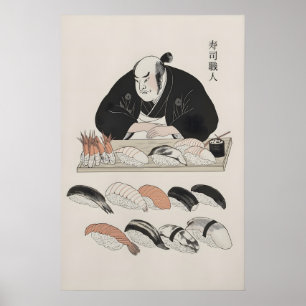 Poster Chef japonais traditionnel et art de sushi varié